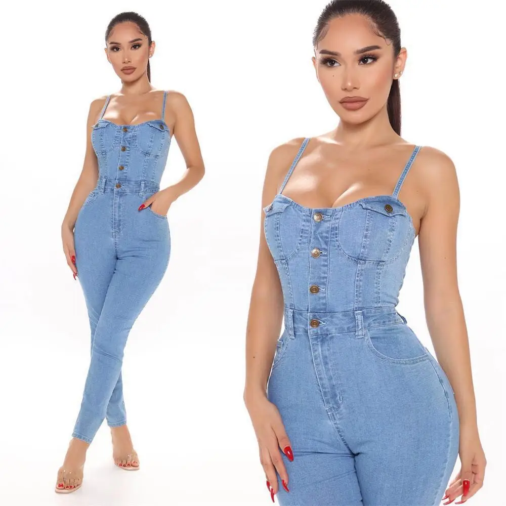 

Cross-border European and American casual women's denim jumpsuit summer