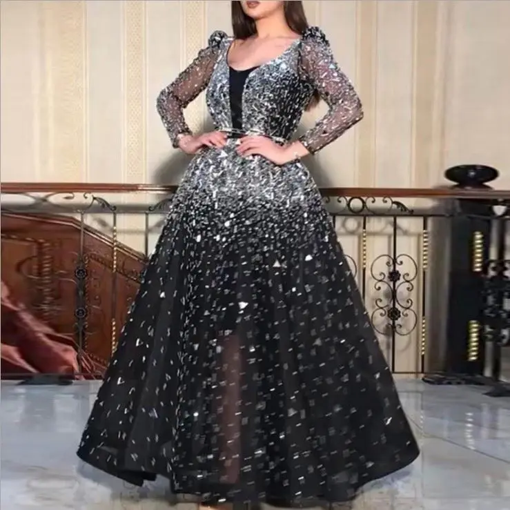 

New Design V Neck Womens Waist Closing Big Swing Long Sleeve Evening Womens Prom Dresses Black Party Dress