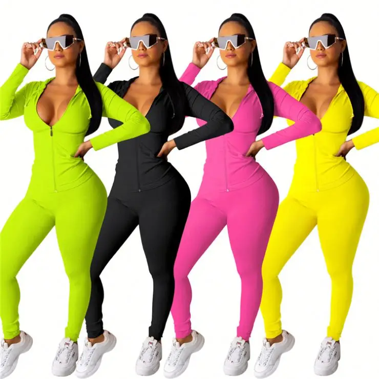 A080232 solid color long sleeve hooded sweatshirt long pencil pants women clothing sports suit two piece set