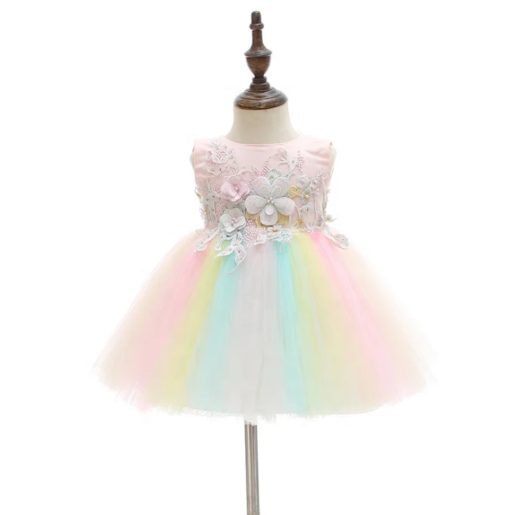 

Pink Princess Baby Girl Dress Newborn Embroidered Patches and Bows Rainbow Tutu Child Frock Dress Gown, Pink,rainbow