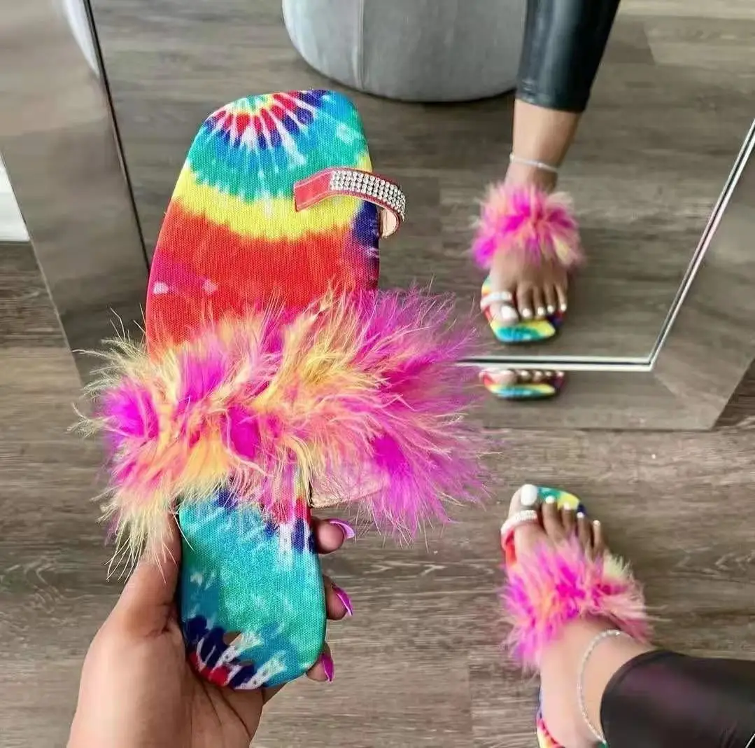 

2021fashion flat flip flops fur slippers Rhinestone toe Sandal Slides Ladies Slipper Women outdoor Sandals Shoes, Black, white,pink,colorful