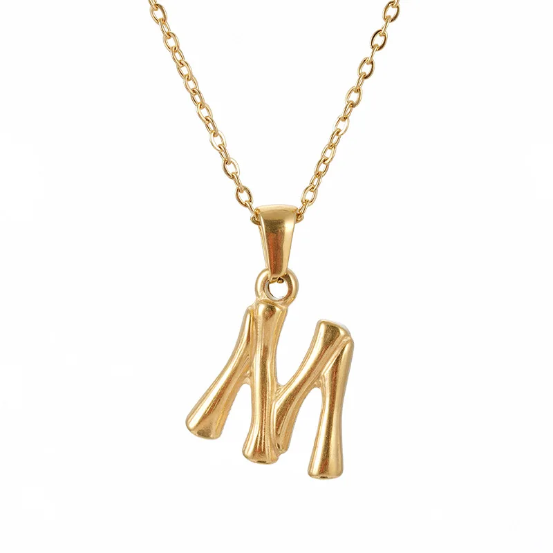 

Stainless steel minimalist A-Z 26 letter necklaces 18k gold plated Bamboo initial letter Alphabet pendant necklace for men women