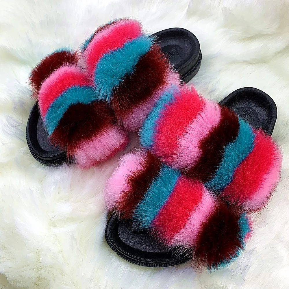 

Dropshipping Fashion custom logo fur slipper cheap price faux slides summer indoor outdoor fur shoes slipper, 10 colors