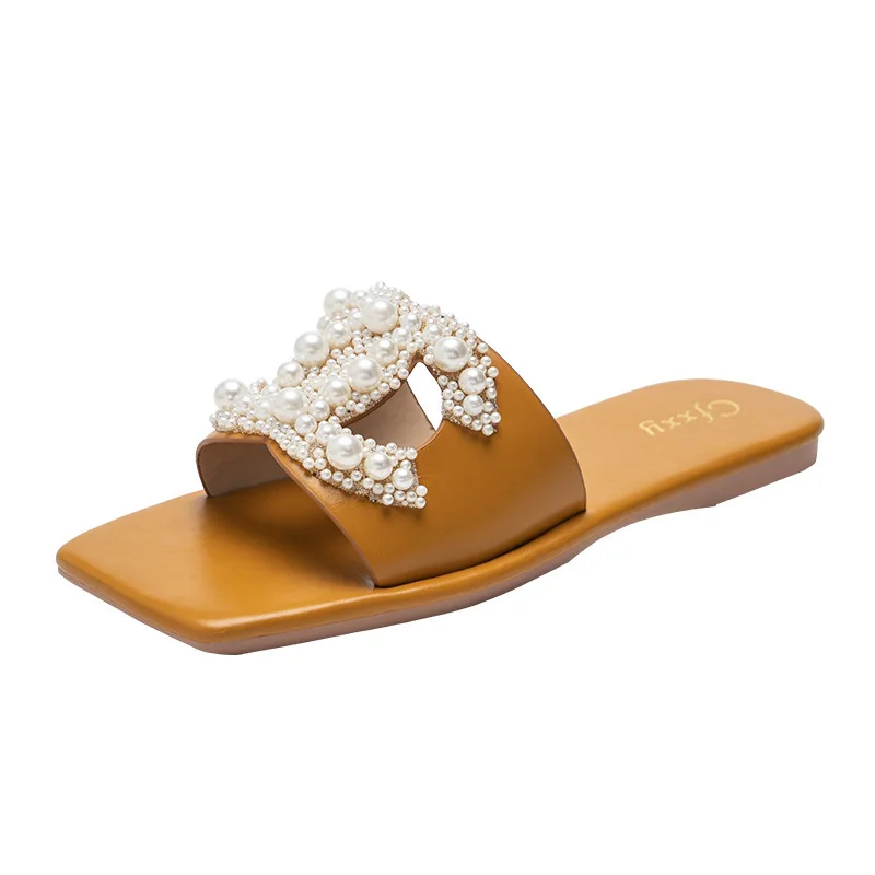 

2021 Summer One-line Female Slippers Solid Color Pearl Set Flat Heel Ladies Sandals