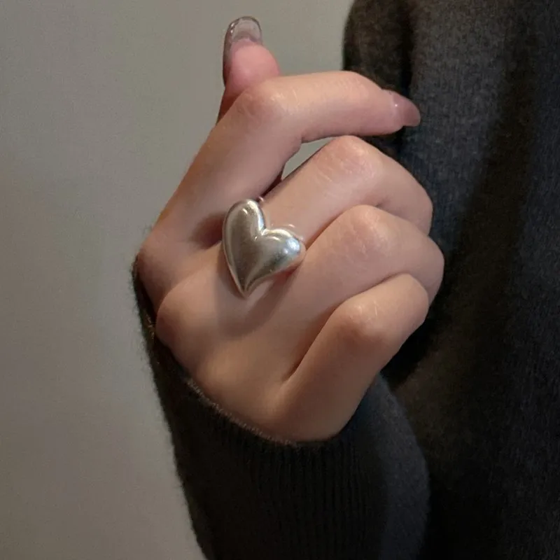 100% 925 Sterling Silver Big Frosted Heart Shape Chunky Rings for Women  Fashion Jewelry Rings