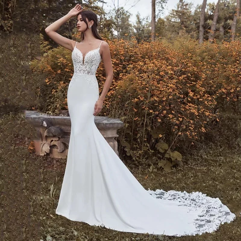 

New Style Bridal Gown Luxury Sexy Lace Halter V-neck Slim Long Train Wedding Dresses Mermaid Wedding Dresses