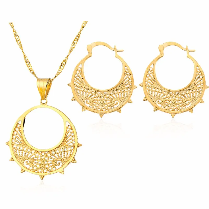 

Ethlyn 18K Gold Plated Round Hoop Earrings Pendants Jewelry Sets for Ethiopian Eritrean Women Engagement Party Jewellery S1