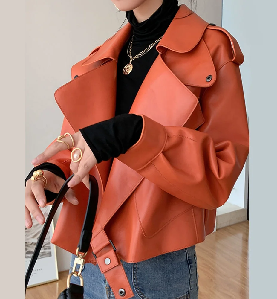 

Hot Design Multi Color Bomber Jacket Genuine Sheepskin Leather Coat Short Style Dorp Shoulder Lady Loose Pure Leather Jacket, As photo or customized