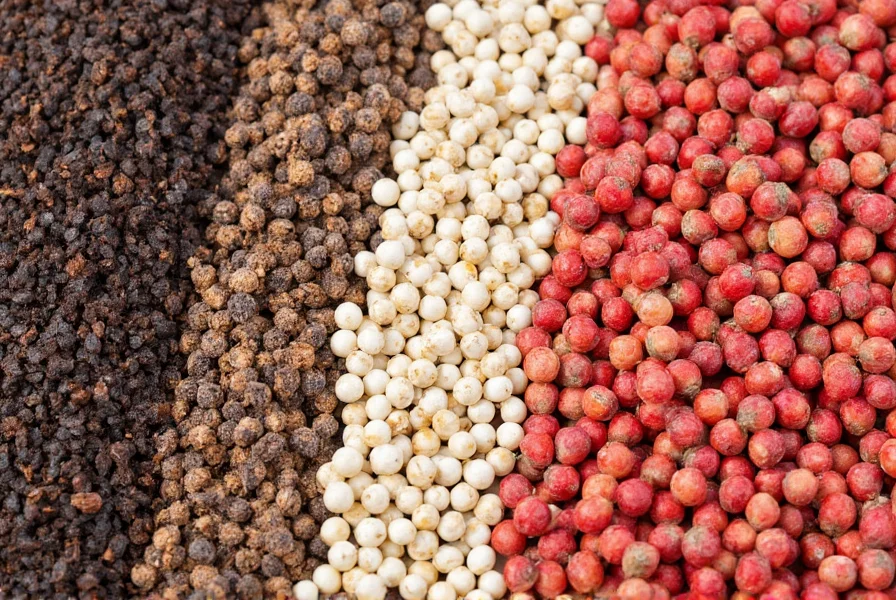 Variety of pepper types including black pepper, white pepper, Sichuan peppercorns, and pink peppercorns arranged on wooden background