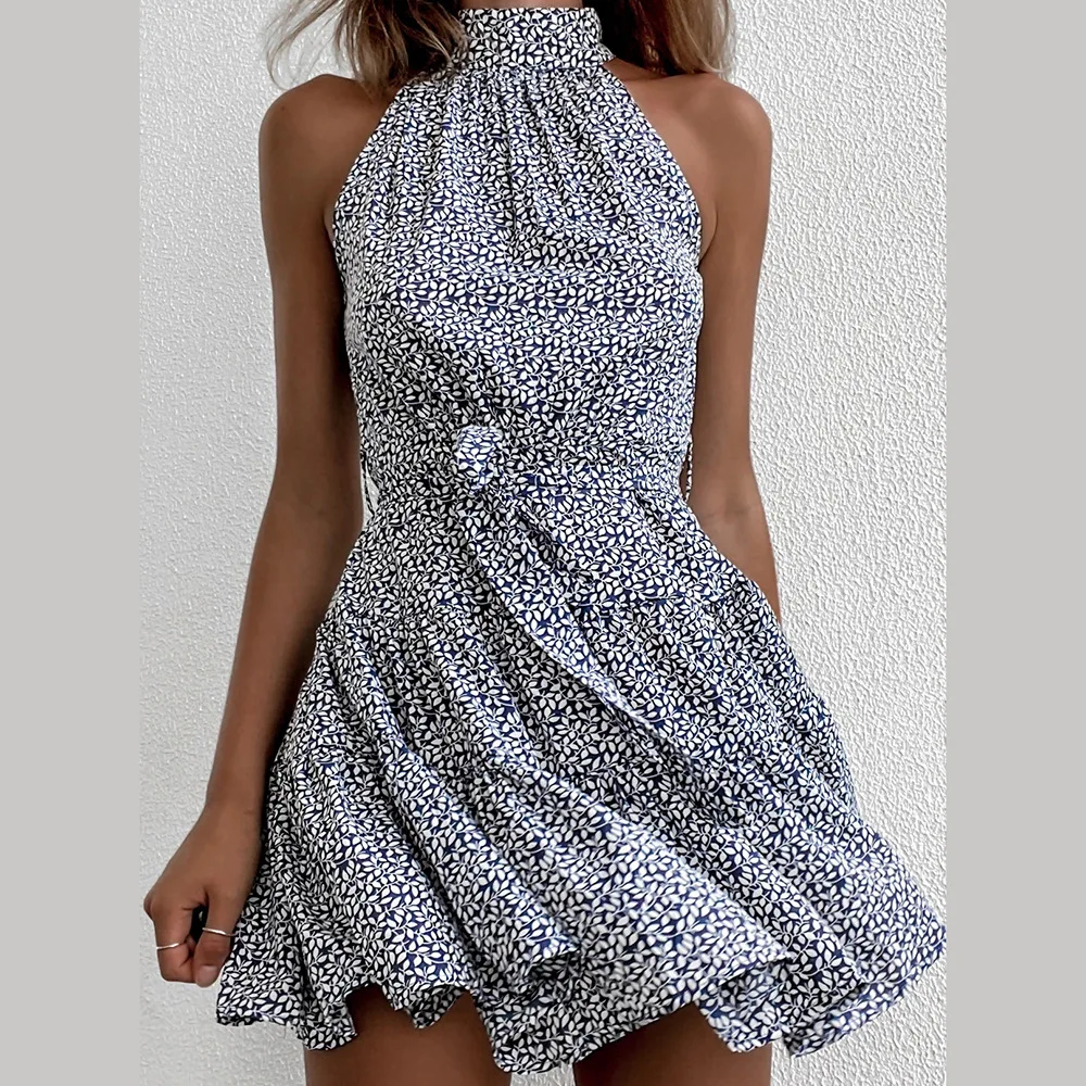 

Summer Leisure Holiday Style Bowknot Waistband Blue Print Short Skirt Halterneck Dress