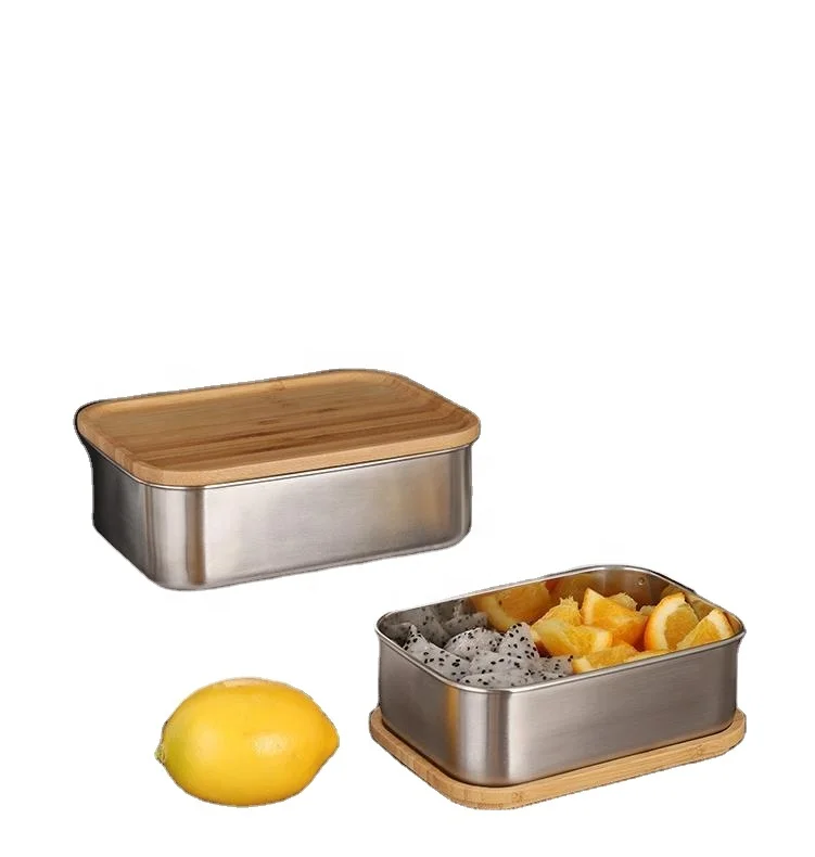 

Household Bamboo Wooden Lid Stainless steel Crisper Containers Crisper Ware Sealed Bento Box Lunch Box, Silver