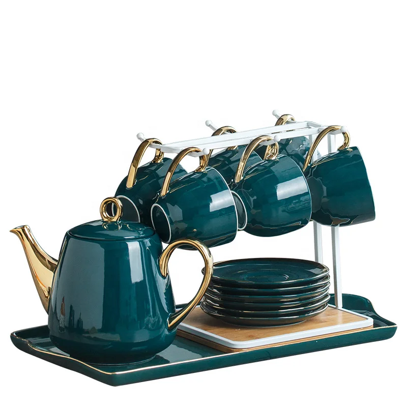 

European Style Coffee Cups Sets Porcelain Dinner Ware British Deep Blue Coffee Cups Sets, Green