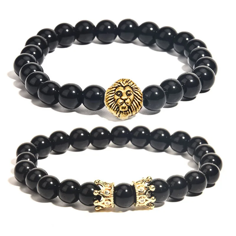 

Amazon Best Selling Micro Pave CZ Lion Head Black Gallstone Beaded Bracelet Cubic Zircon Crown Black Obsidian Beads Bracelet