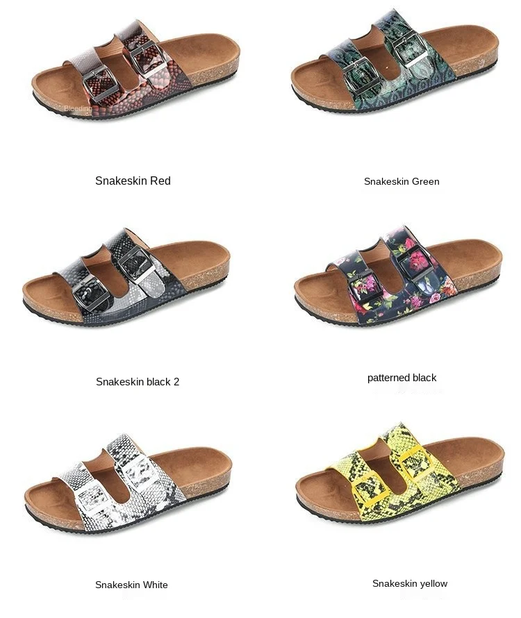 

2021 summer hot sale Bulk instock wholesale women cork sandals sanke skin & floral print double cross strap flat beach slipper, Picture show , squine colors