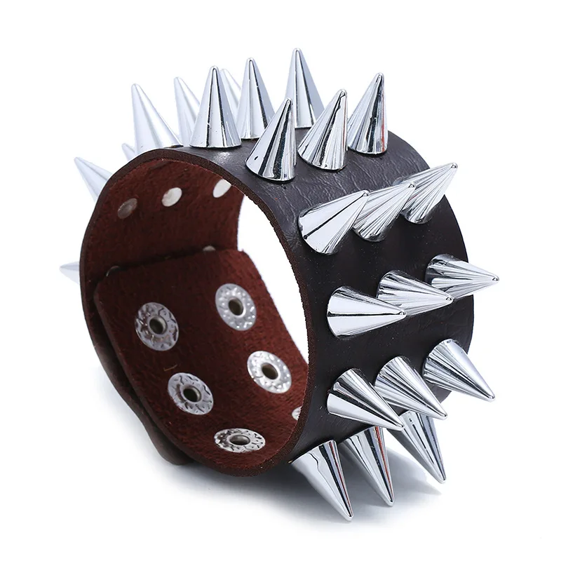 

Punk Exaggerated Three Rows Of Spiked Wrist Band Adjustable Cuff Buckle PU Leather Bracelet Women