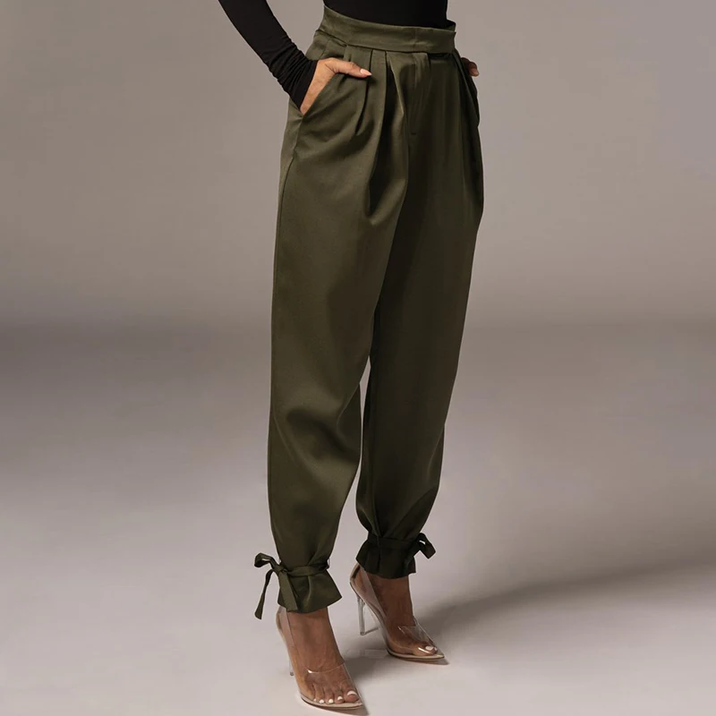 

Autumn Women Casual Pants Pleated High Waist Pockets Tie Bow Cuff Elegant Trousers For Office Ladies Loose Pencil Pants, Black,white,orange,beige,brown,armygreen