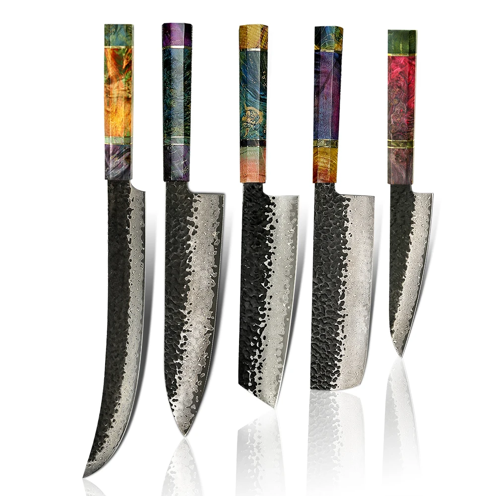 

Hot Sale yangjiang amber knife Damascus AUS-10 Steel Core 67 layers kitchen knife set