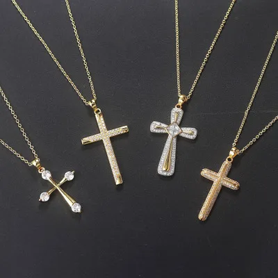 

Popular New 18K Gold Plated Shiny CZ Cross Necklace Full Crystal Cross Pendant Necklace For Women and Men