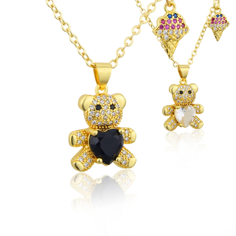 

New Design Fashion Diamond Love Bear Pendant For Women Cute Teddy Bear Ice Cream Combination Necklace, Gold color