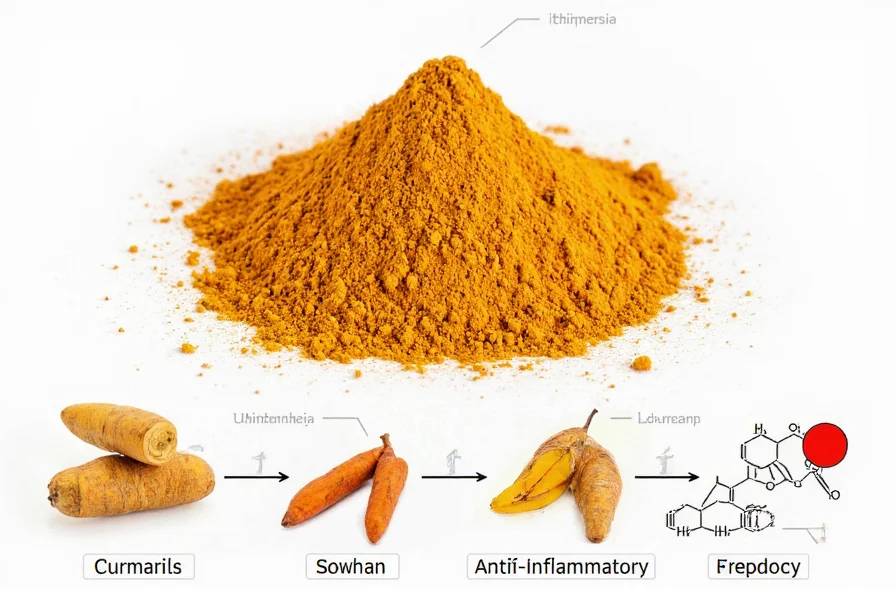 Turmeric root and powder with scientific diagram showing curcumin's molecular structure and anti-inflammatory pathways