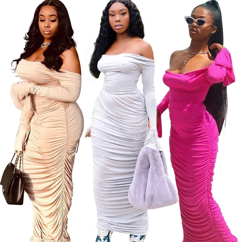 

90926-MX92 fashion off shoulder long pleated ladies dress