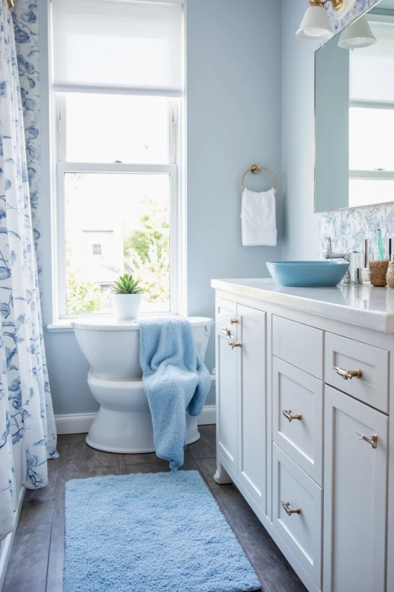 Floating blue shelves in a bright bathroom