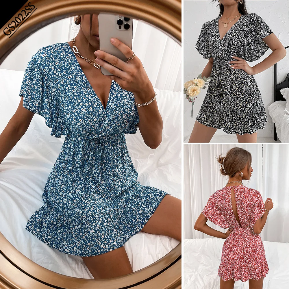 

V-neck Ruffle Short Sleeves Flower Print Summer Mini Dress Floral A-line Backless Women Beach Holiday Chiffon Dress, Picture color