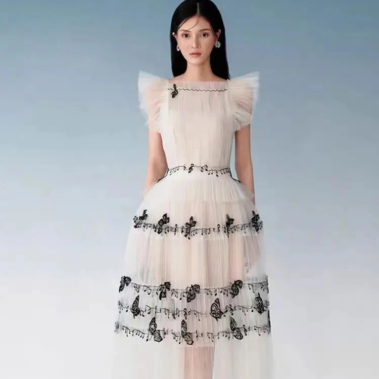

Bettergirl In stock Vietnam designer flying sleeves mesh embroidered bow music note long dress big swing elegant pleated dress