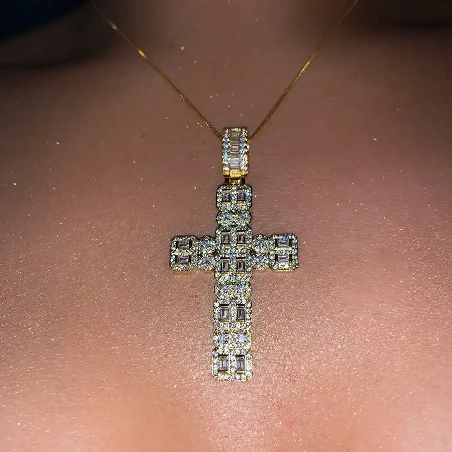 

Top Quality 5A Cubic Zirconia Iced Out Bling Women Jewelry Geometric CZ Cluster Promise Classic Cross Pendant Necklace