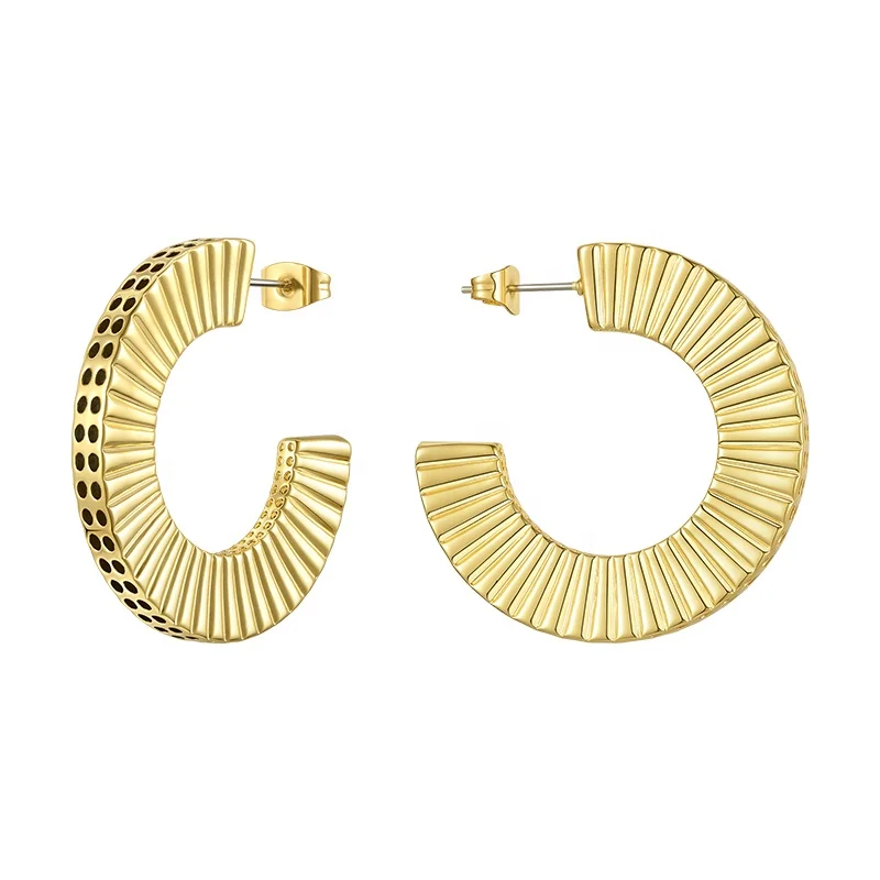 

18K Gold Plated Brass Jewelry Personality Round Fold Texture Design C Shaped Hoop Earrings E201201