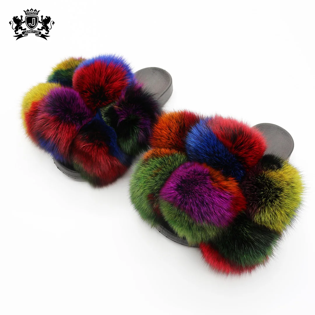 

Janefur Summer fashion fox fur slides Cute 100% real fur luxury beach sandals ladies big fur plush slippers, 21 colors,customized color