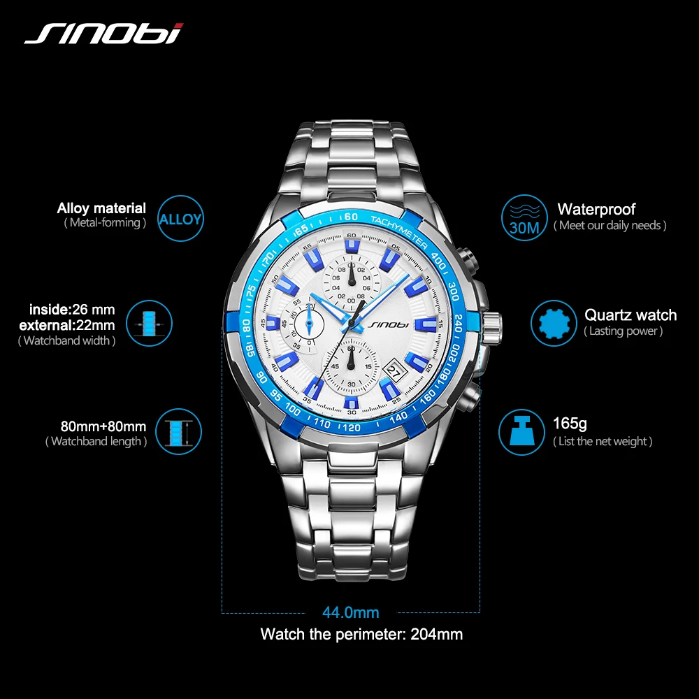 

SINOBI Luminous Watch Stainless Steel Band Quartz Watches For Mens Watch Reloj S9720G