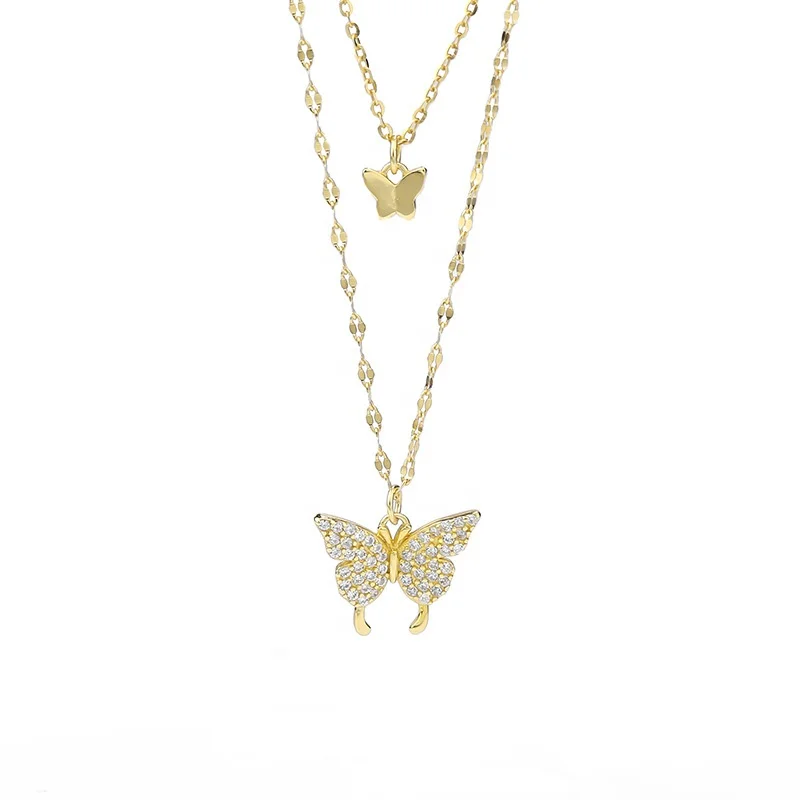 

Korean Style Simple Rhinestone Zircon Double Layer butterfly lockets S925 sterling silver Jewelry necklace