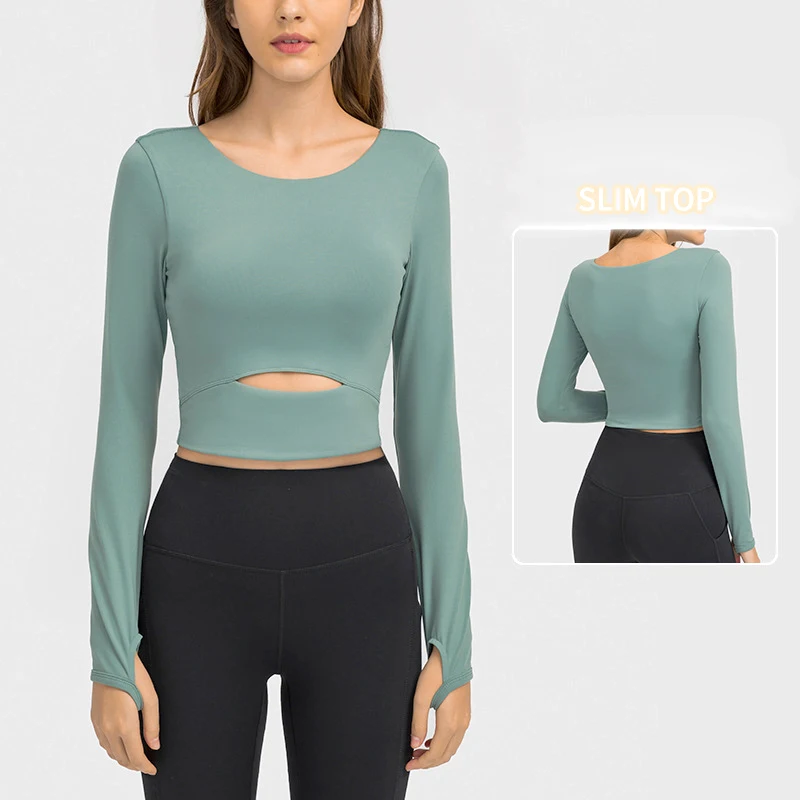 

S2032 Women Long Sleeve Yoga Top With Padded Breathable Hollow Out Fitness Crop Top