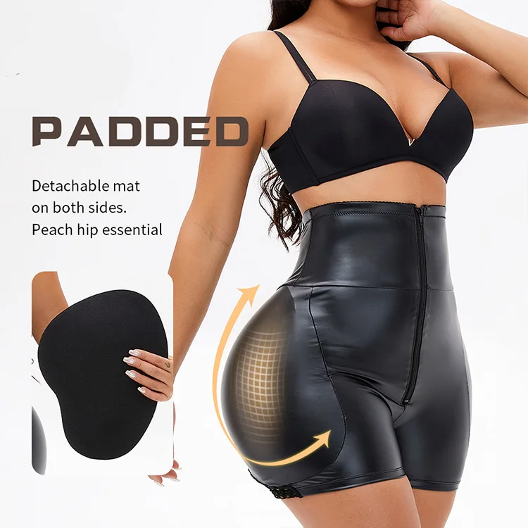 

Hot style breasted zipper rich hip spongy pad thickening buttock lift hip high waist leather shorts, As shown