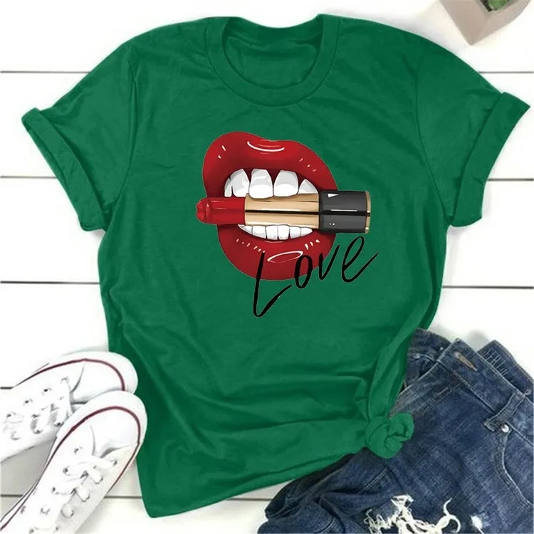 

T shirt All-match White Tee Funny Girls T Shirts Women Tees Fashion 3D Print Lip T Shirts Short Sleeve Women