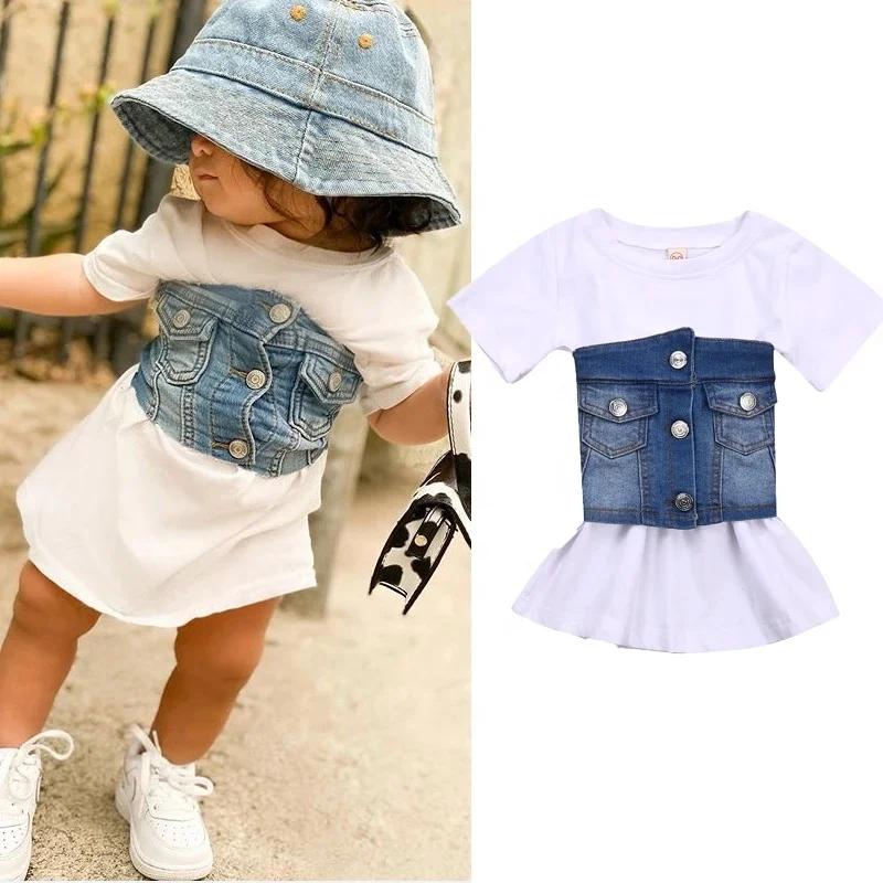 

Summer Fashion Kids Girls dress Short Sleeve Solid A-Line Dress+Denim Blue Vest clothes