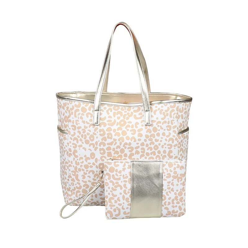 

Leopard Handbag With Wristlet Purse Wholesale Personalized MOnogram Bridesmaid Gift Leather Leopard Tote Bag Set, As pic show