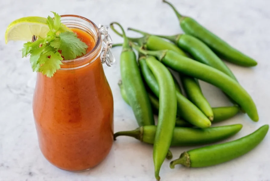 Fresh serrano peppers arranged next to prepared serrano pepper sauce in glass bottle with lime wedge and cilantro garnish