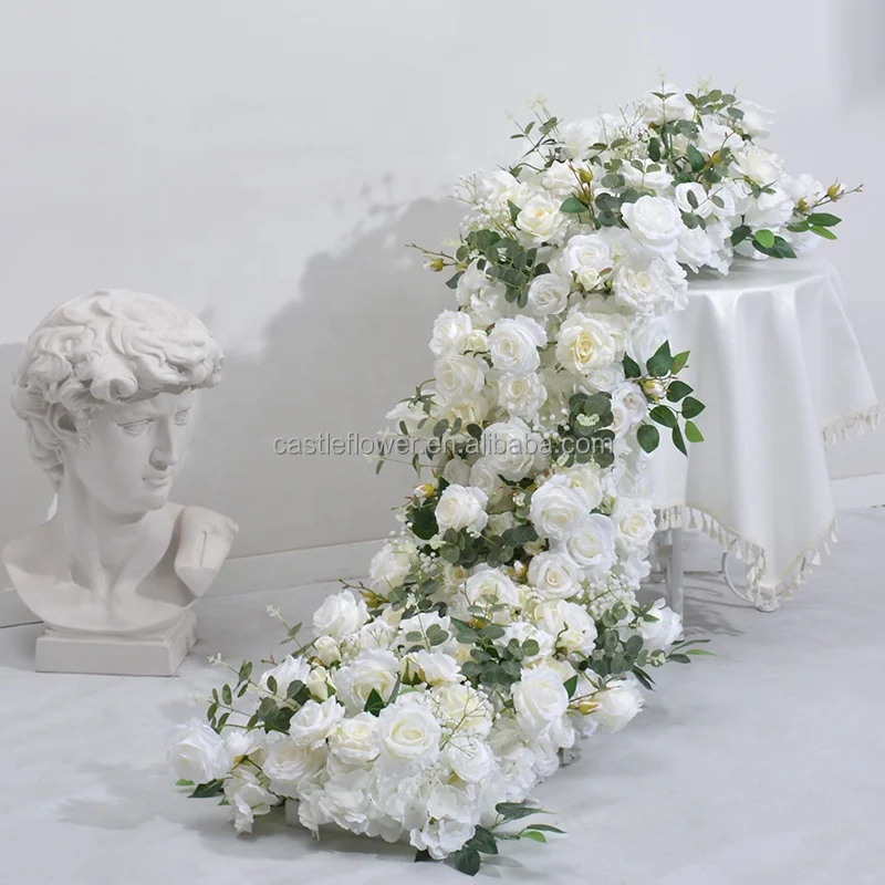 JCF121 Customized  Artificial Flower Runner White Rose Flower Decoration Wedding Table Centerpieces