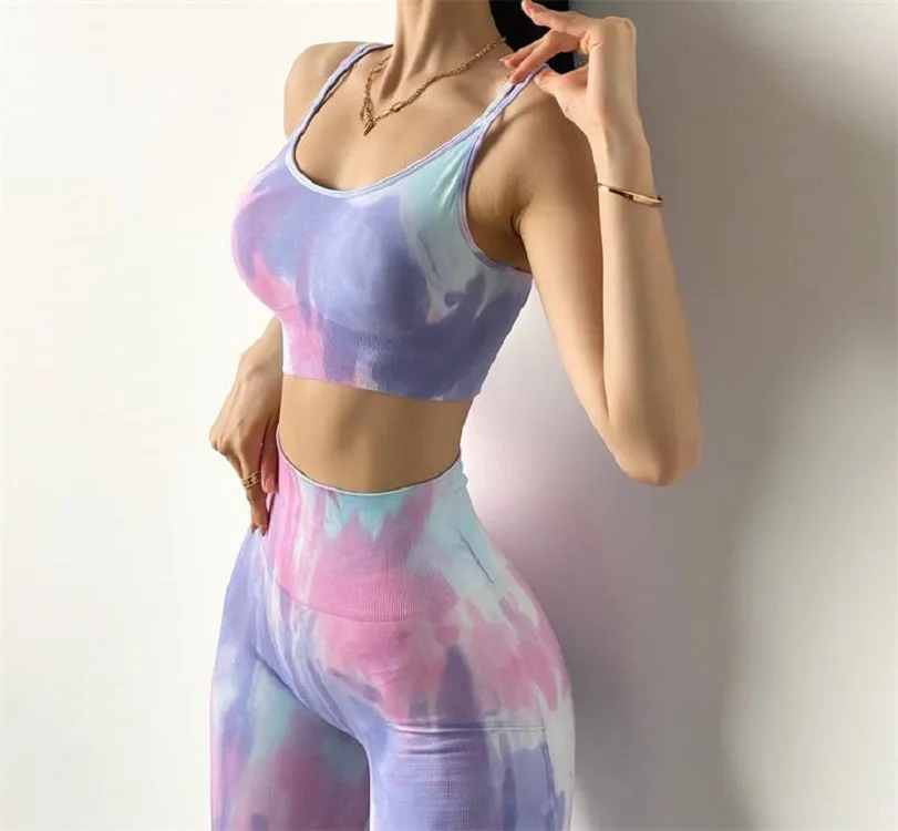 

tie dye New Seamless yoga set gym fitness clothing sportswear high waist gym leggings suit sports bra sports suits yoga top, Picture shows