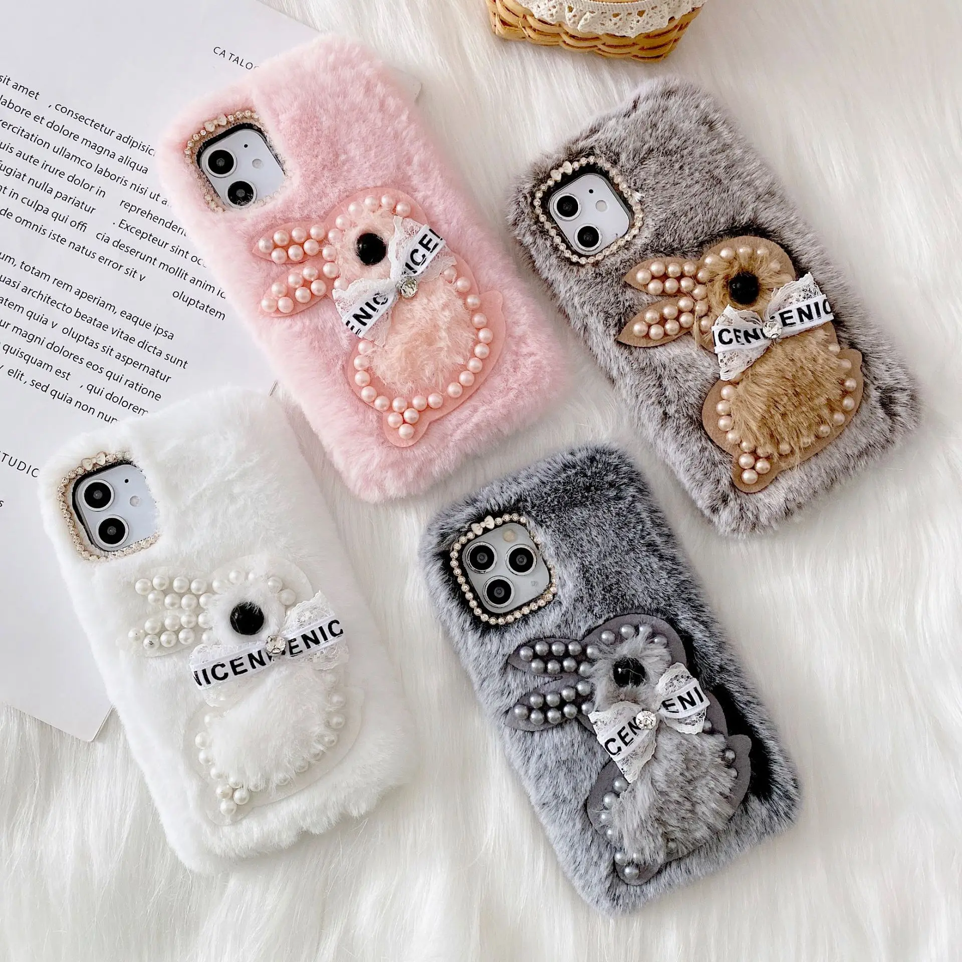 

Winter Luxury Animal Rabbit Fluffy Furry Fur Phone Case For iPhone 11 12 13 Pro Max X XR XS 7 8 Plus Fundas, Black,pink,white,brown