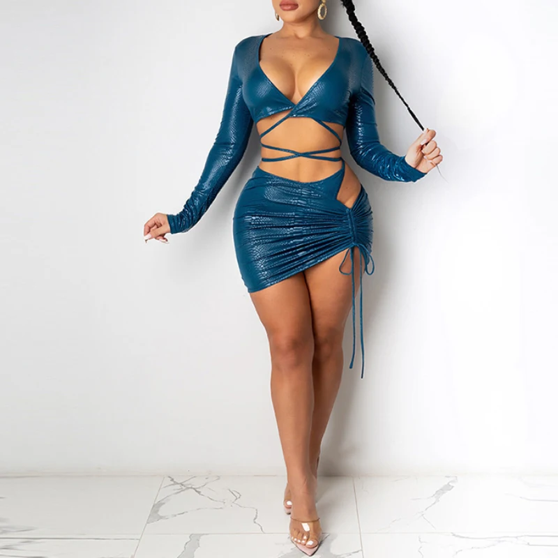 

ZM02S1A301 Special Design Sexy Bodycon Hollow out Women Mini Dress, Blue/brown