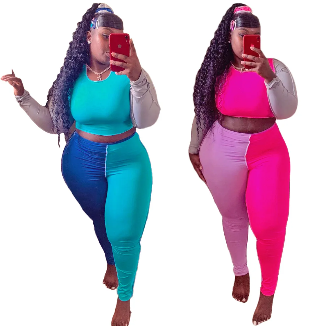 

2022 new arrivals fall/spring long sleeves clash colors patchwork tights crop top two piece pants set plus size women clothing