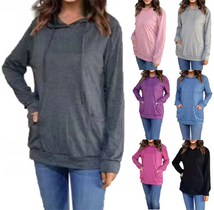 Autumn Long Sleeve Women'S Hoodies Solid Color Tops Sweatshirt With Pocket
