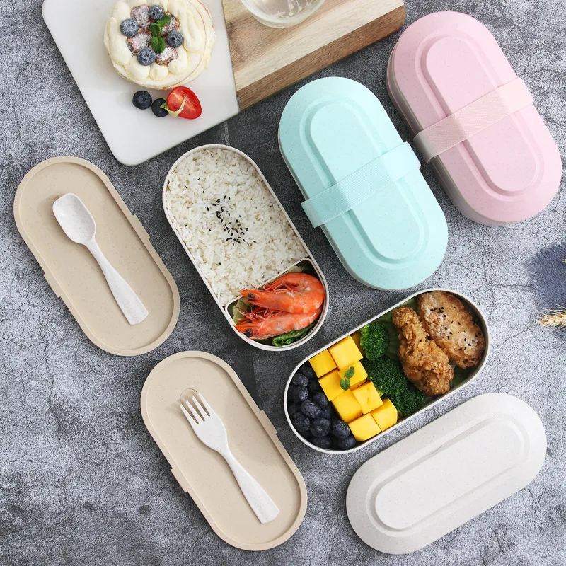 

High quality portable multi-layer wheat straw fiber lunch box double layer bento lunch box with cutlery