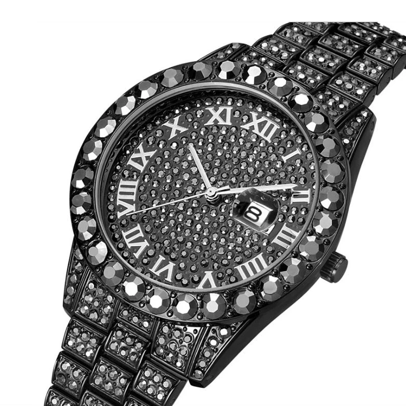 

Blues RTS Top Selling Gold Plated Big Bling Bling Black Watches Men
