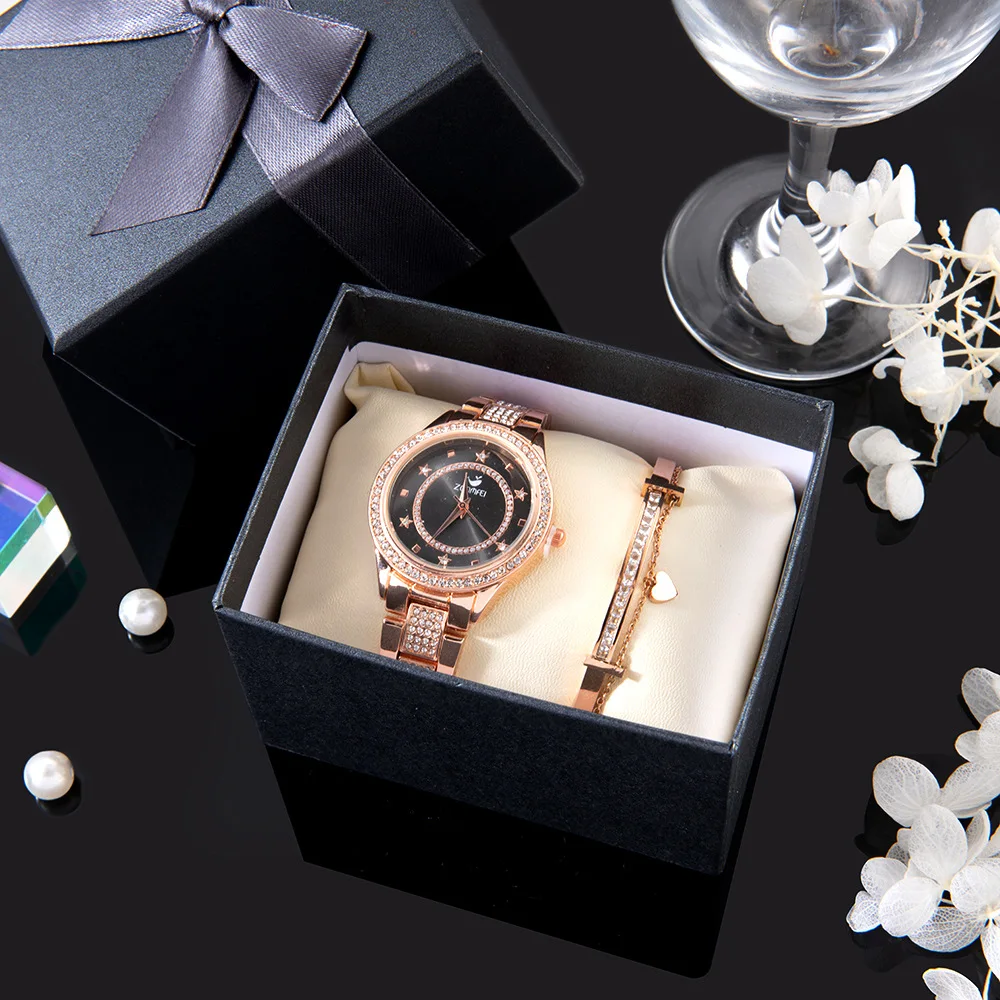

New designs hot diamond dial 2pcs bracelets ladies gift stainless steel strap quartz watch set, As pic
