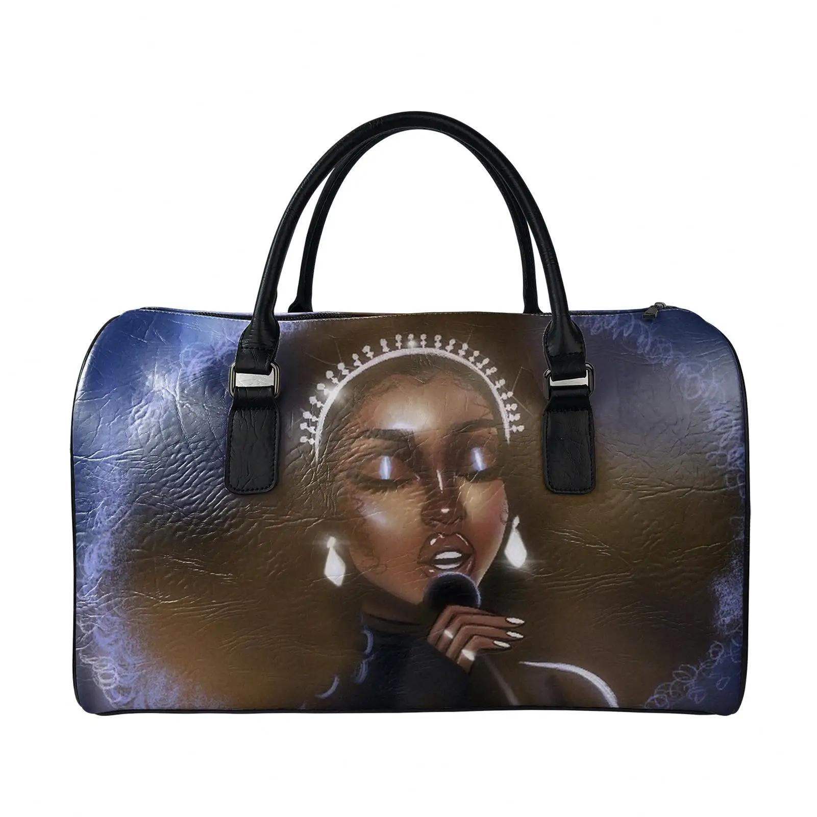 

Custom Carry-On Travel Bag Logo Afro Girls Black Art Printed PU Leather Overnight Luggage Large Travel Duffle Bag Hand, Customized color