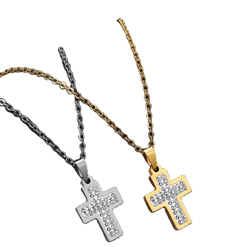 

Fashion Stainless Steel Cross Pendant Necklace Gold Plated Full CZ Crystal Silver Crucifix Cross Necklace